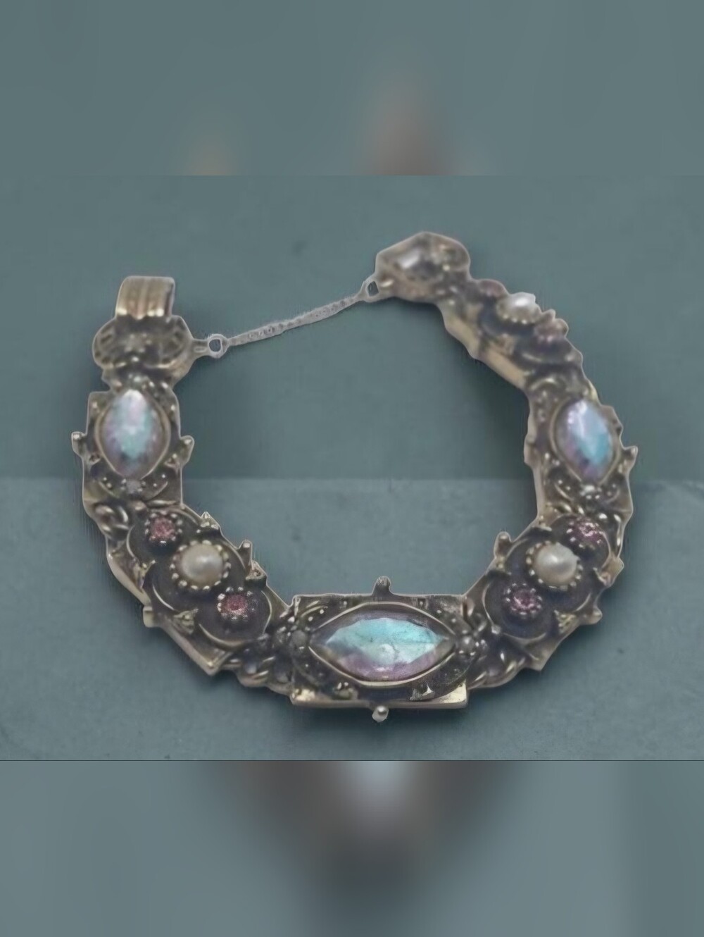 Vintage TARA Gold Tone Tear Drop Gems Peal Colored Rhinestone Charm Bracelet!